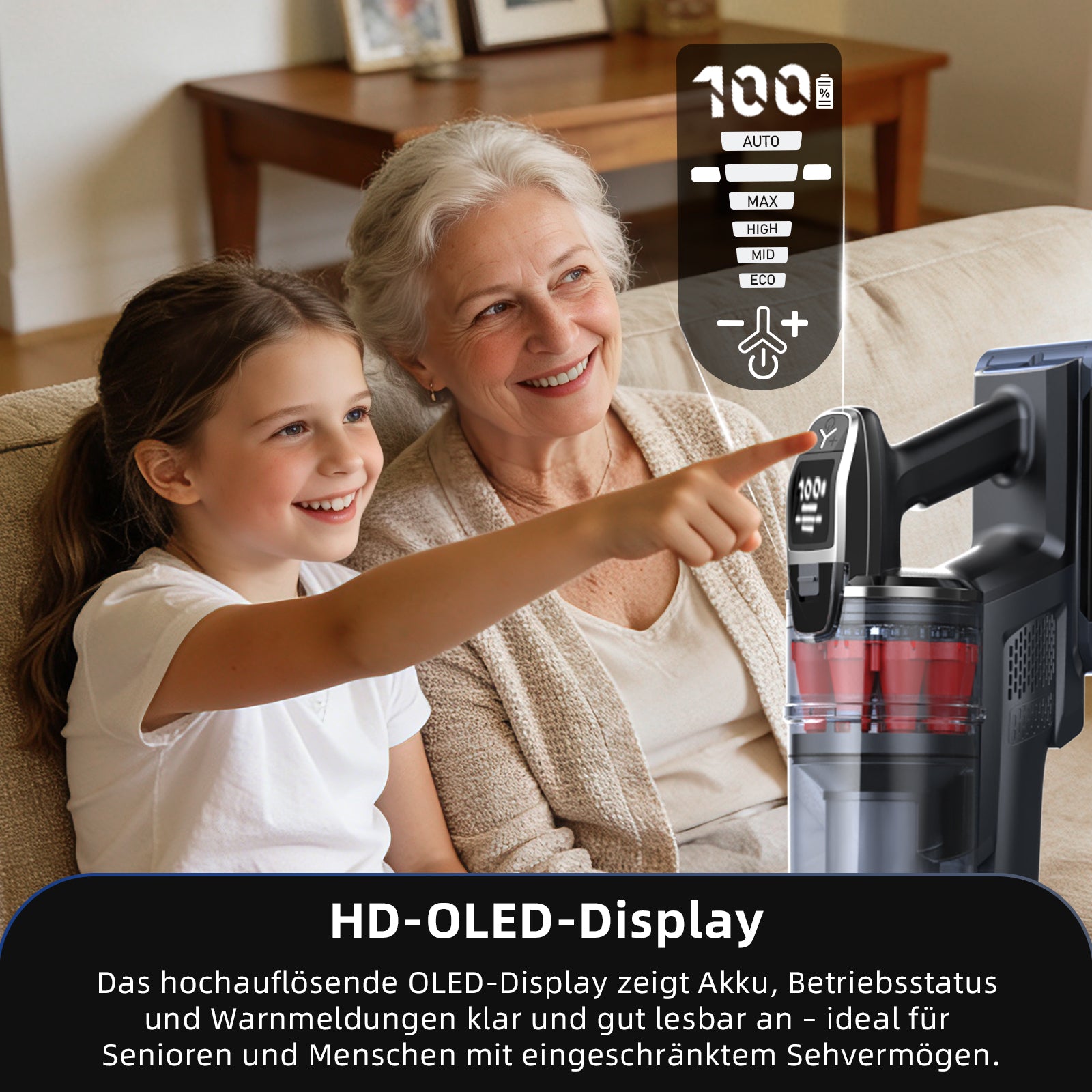 Grenintol Akku-Hand-und Stielstaubsauger Akku Staubsauger,65000pa/60min,3 Saugstufen, Kabelloser Staubsauger 2500mah*7 große Batterie,Laufzeit 60 min, Drei Leistungsstufen verfügbar,Intelligente Speicherfunktion
