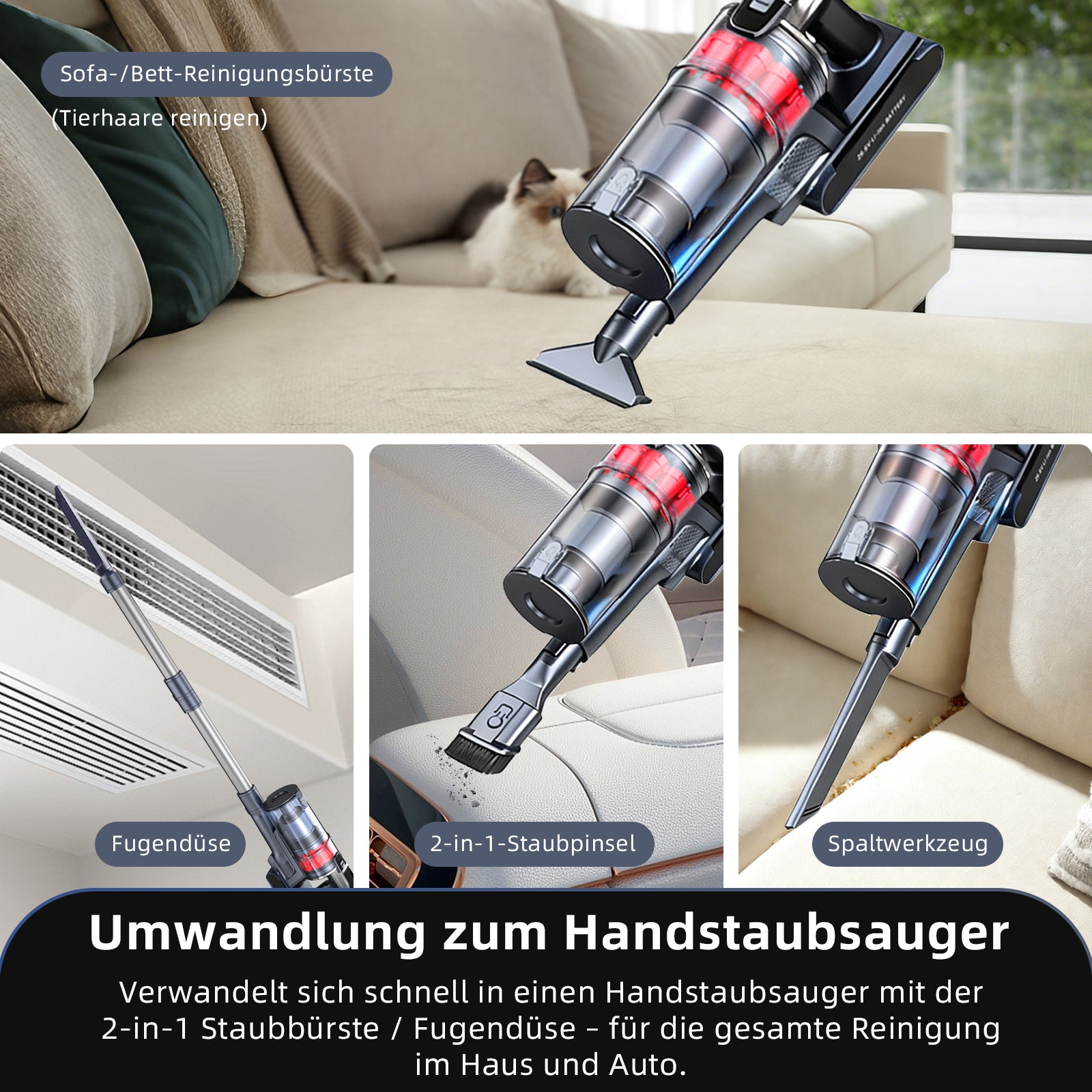 Grenintol Akku-Hand-und Stielstaubsauger Akku Staubsauger,65000pa/60min,3 Saugstufen, Kabelloser Staubsauger 2500mah*7 große Batterie,Laufzeit 60 min, Drei Leistungsstufen verfügbar,Intelligente Speicherfunktion