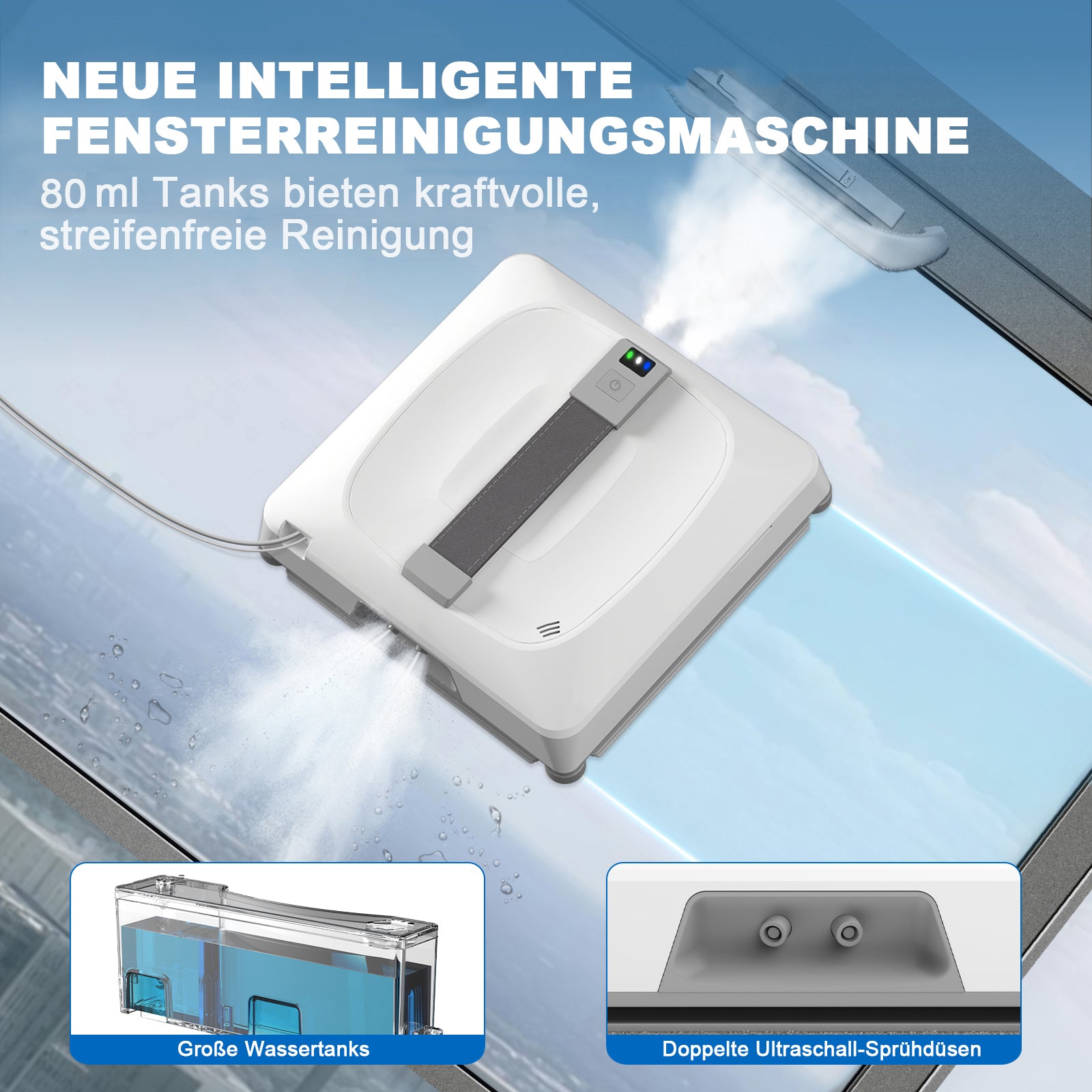 Grenintol Fensterputzroboter Automatischer Fensterputzroboter 8000PA,Fenstersauger mit Water Tank