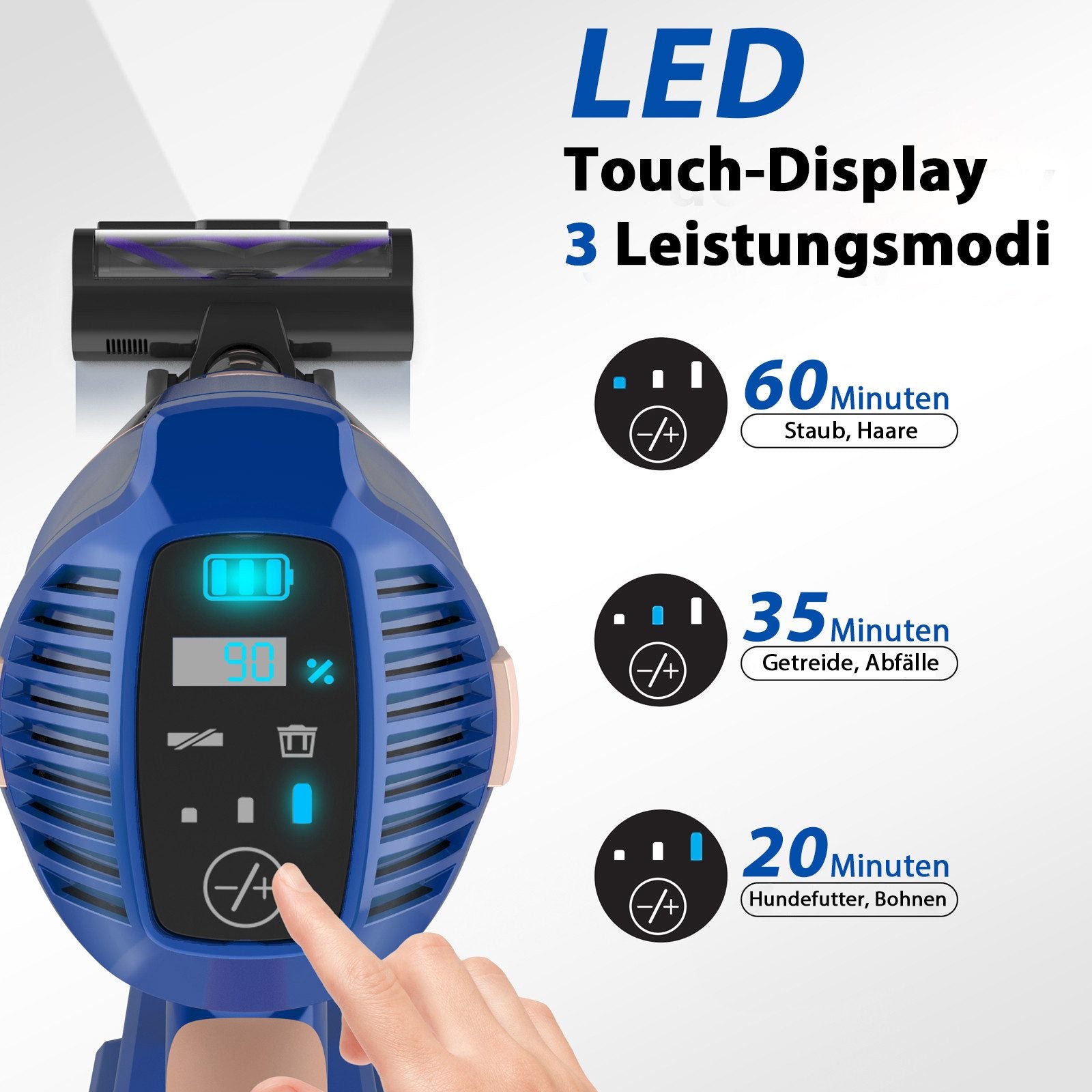 Grnintol V11 Akku-Hand-und Stielstaubsauger Akku Staubsauger,80000pa/4000mAh,Staubsauger Kabellos,LED Display UMLO