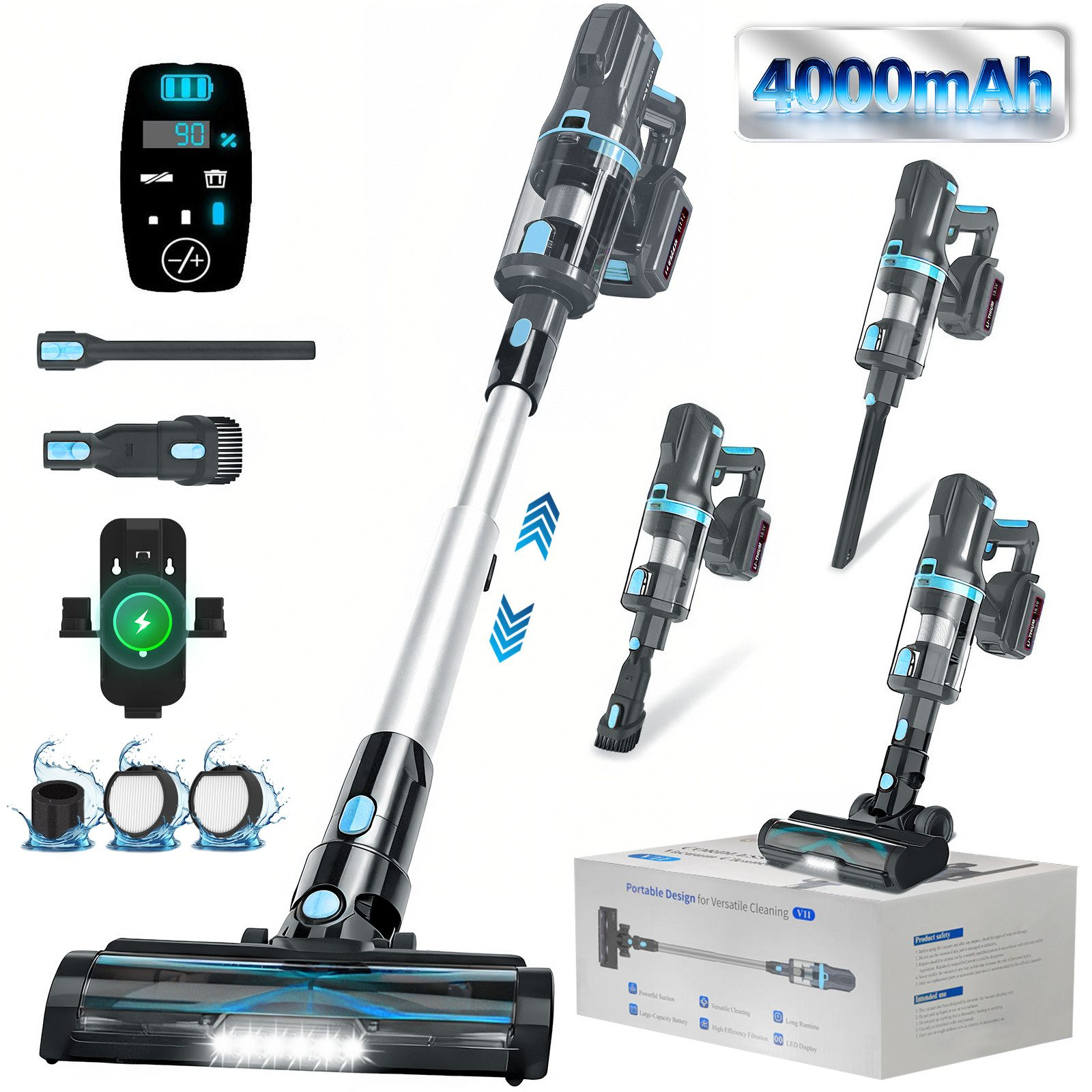 Grnintol V11 Akku-Hand-und Stielstaubsauger Akku Staubsauger,80000pa/4000mAh,Staubsauger Kabellos,LED Display UMLO