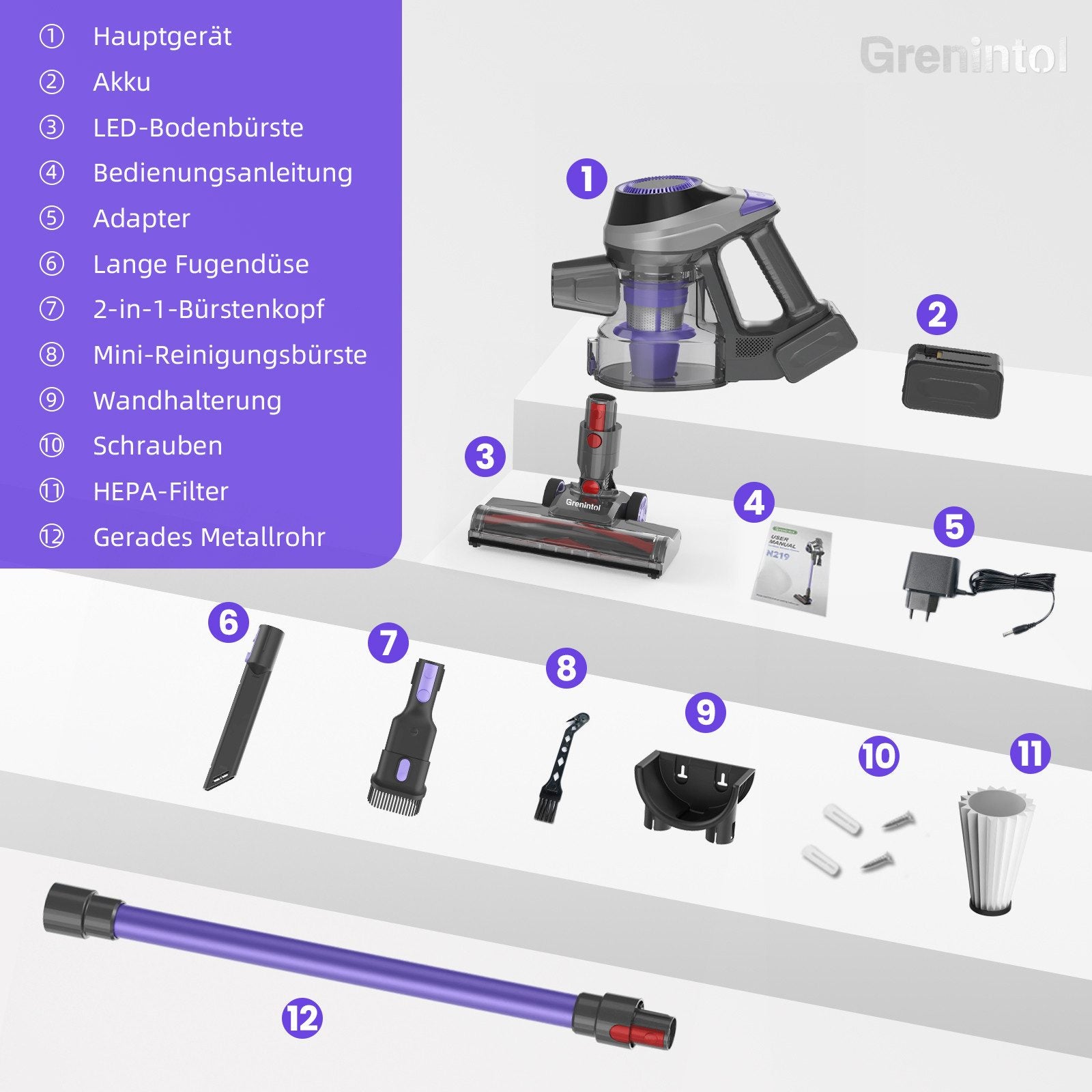Grenintol N219 Akku-Hand-und Stielstaubsauger Akku Staubsauger kabellos,55mins,6 in 1 Staubsauger Hepa*4