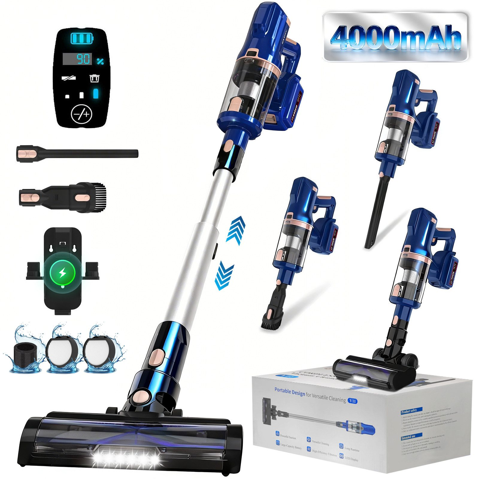 Grnintol V11 Akku-Hand-und Stielstaubsauger Akku Staubsauger,80000pa/4000mAh,Staubsauger Kabellos,LED Display UMLO