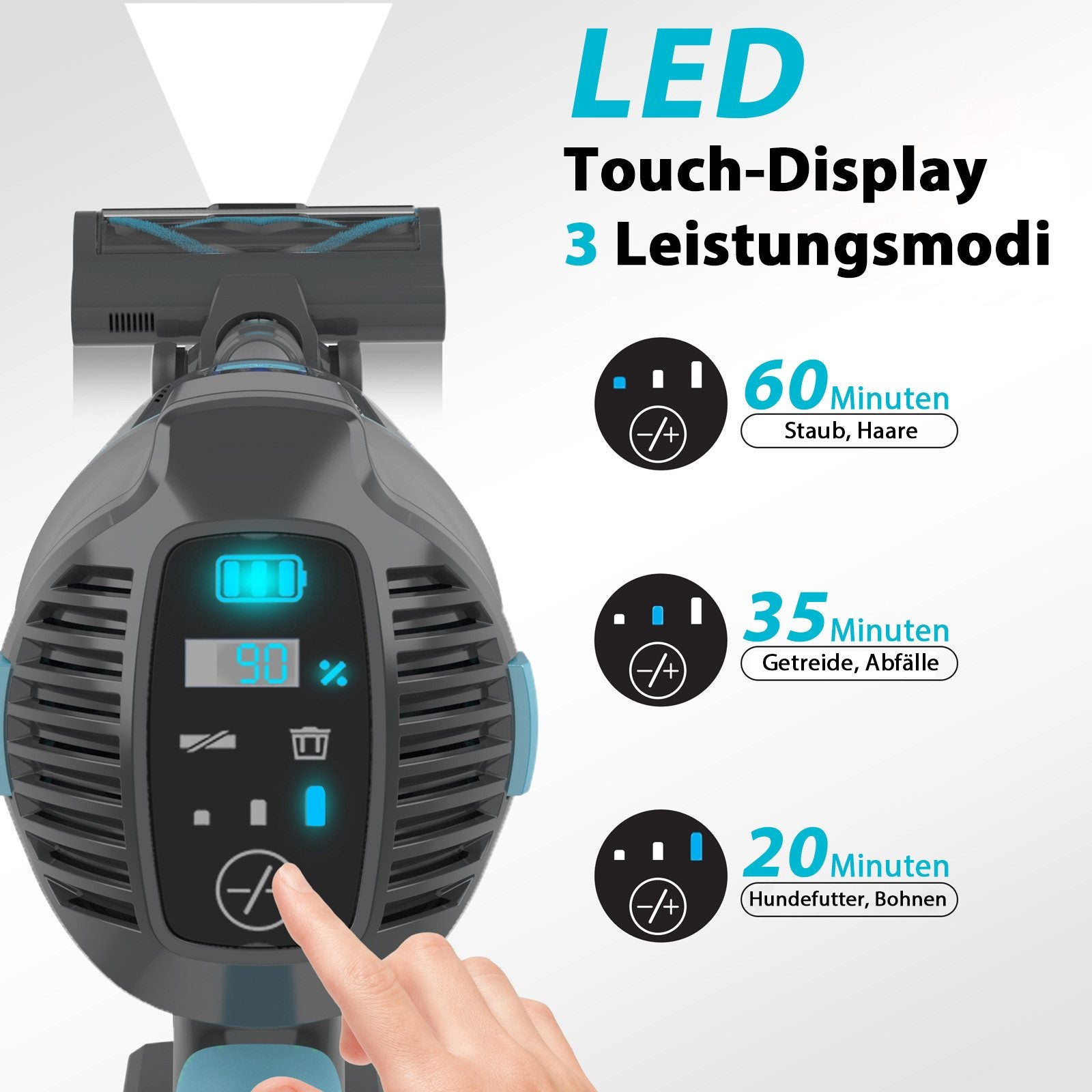 Grnintol V11 Akku-Hand-und Stielstaubsauger Akku Staubsauger,80000pa/4000mAh,Staubsauger Kabellos,LED Display UMLO