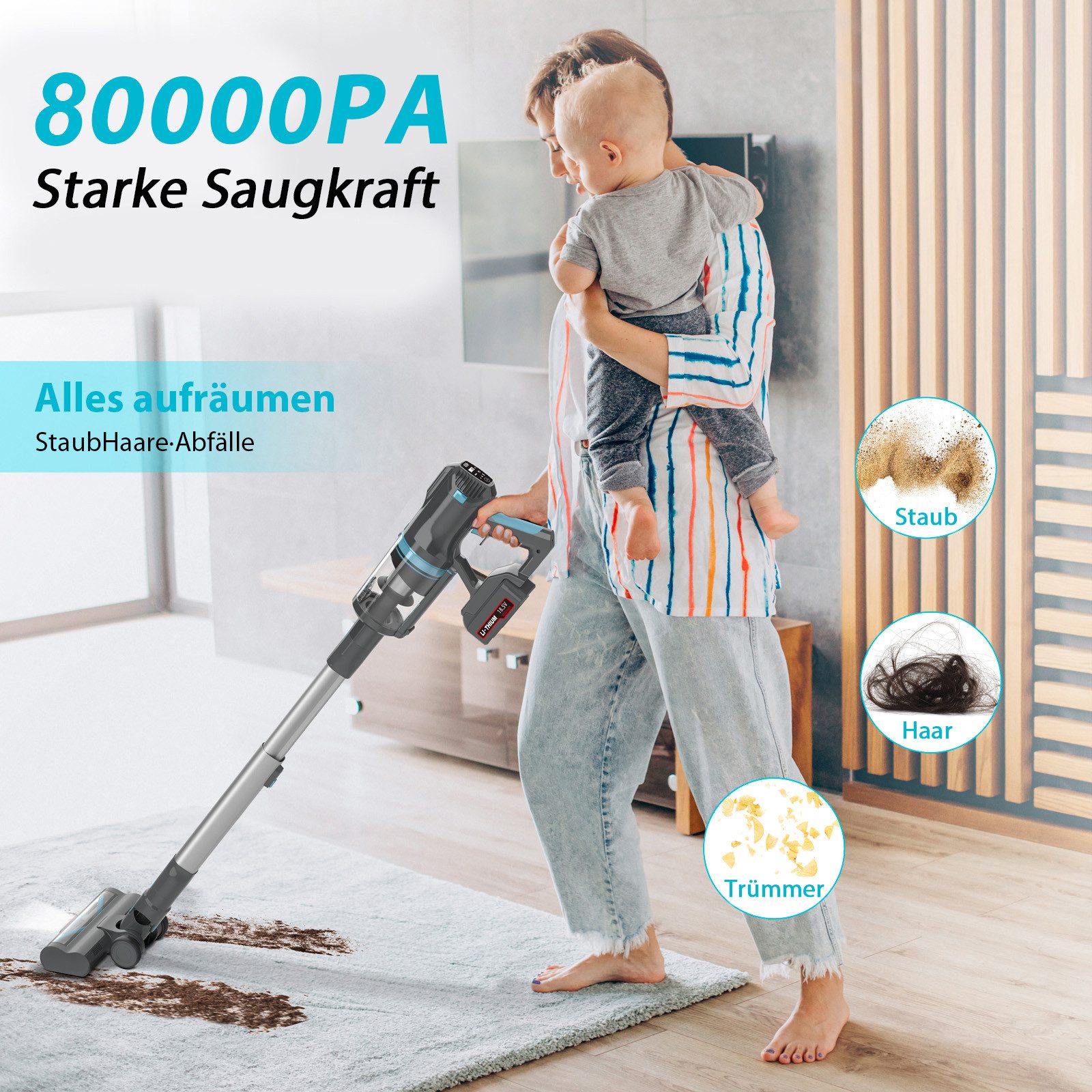 Grnintol V11 Akku-Hand-und Stielstaubsauger Akku Staubsauger,80000pa/4000mAh,Staubsauger Kabellos,LED Display UMLO